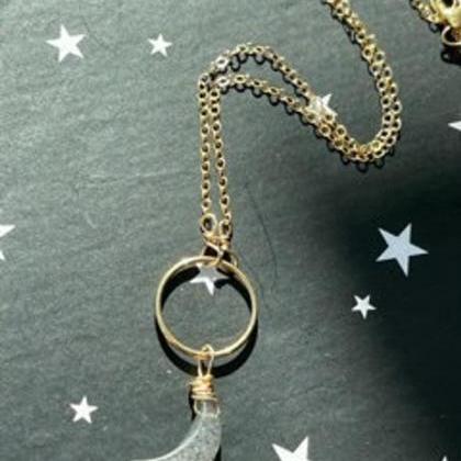 Black Sunstone Crystal Necklace; Crescent Moon..
