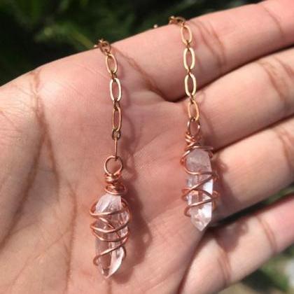 Clear Quartz Wire Wrapped Earrings; Copper Wire..