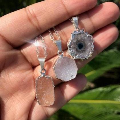Electroplated Druzy Crystal Necklace; Dainty..