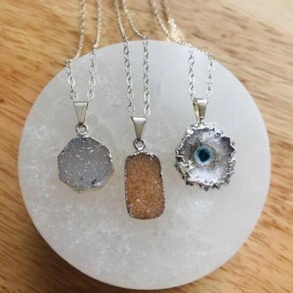 Electroplated Druzy Crystal Necklace; Dainty..