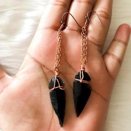 Arrowdhead Earrings Black Obsidian Talisman;..