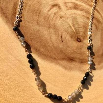 Labradorite Earrings; Gemstone Jewelry Set; Black..
