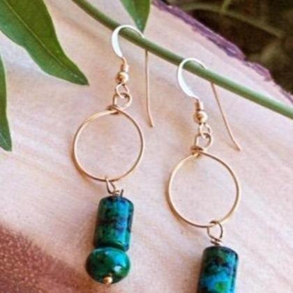 Turquoise Gemstone Earrings; Crystal Earrings; 14k..