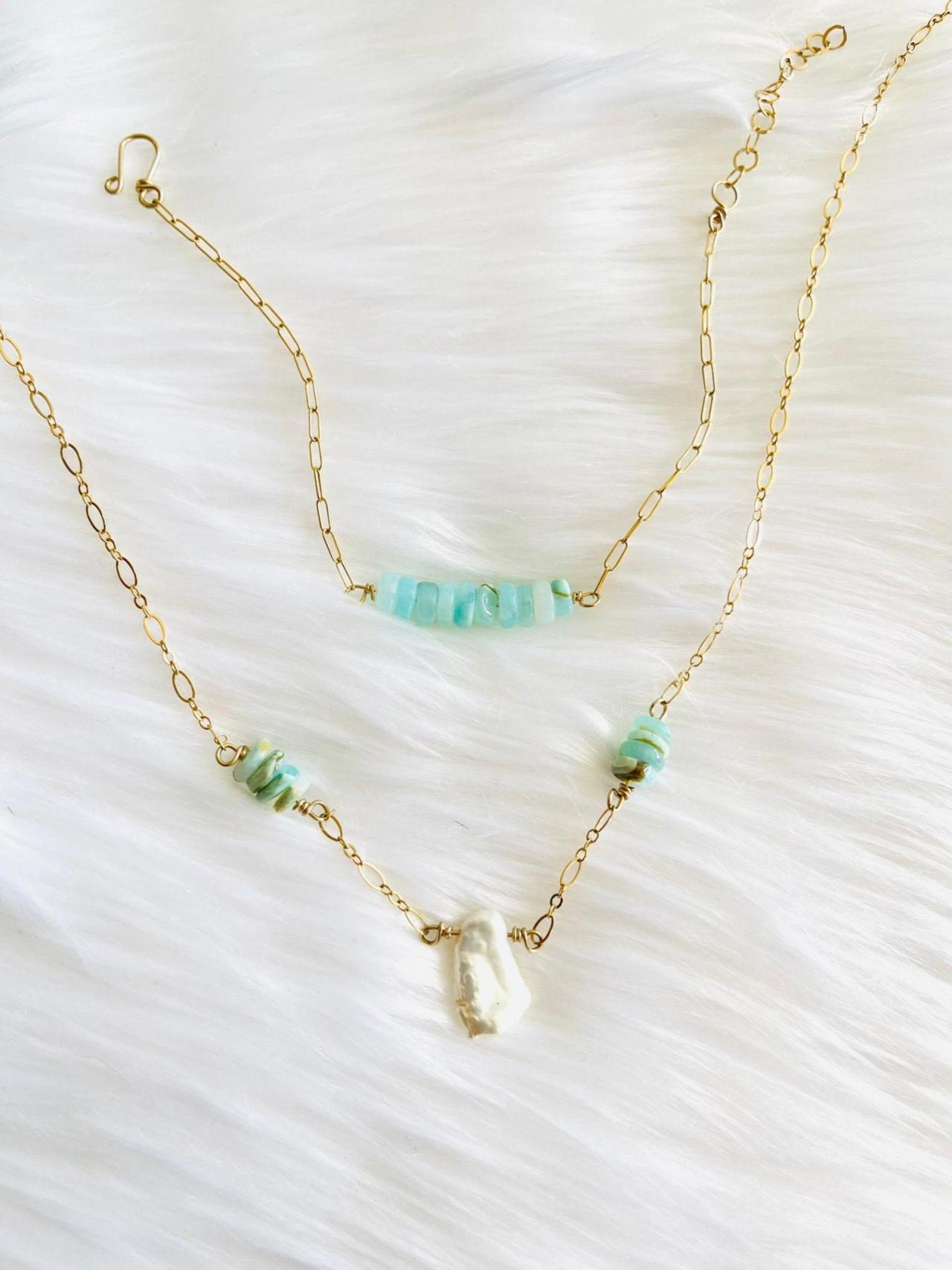 Peruvian Opal Necklace; Freshwater Pearls; 14k Gold Filled; Opal Crystal Jewelry; Healing Jewelry