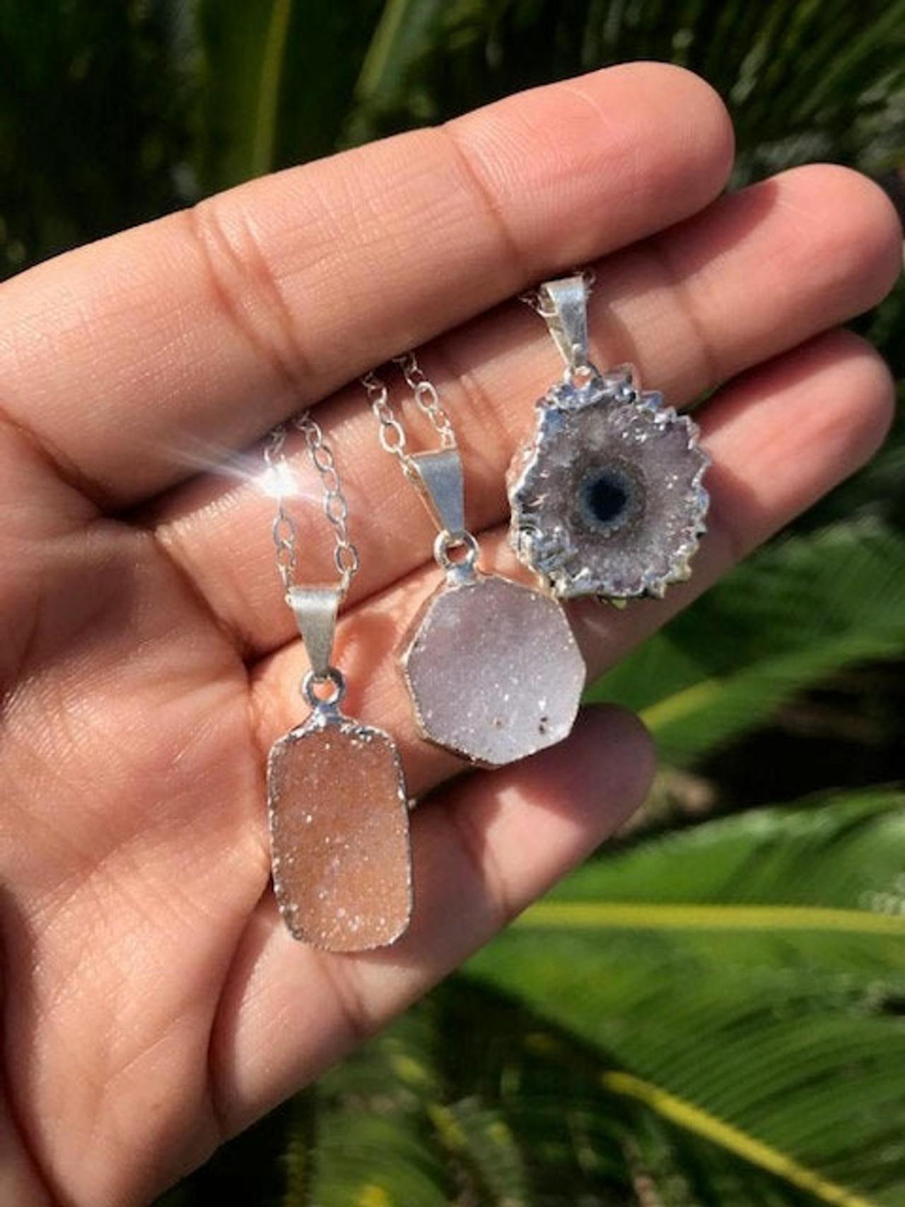 Electroplated Druzy Crystal Necklace; Dainty Stalactite Necklace; Sterling Silver Druzy Necklaces; .925 Sterling Silver; Metaphysical