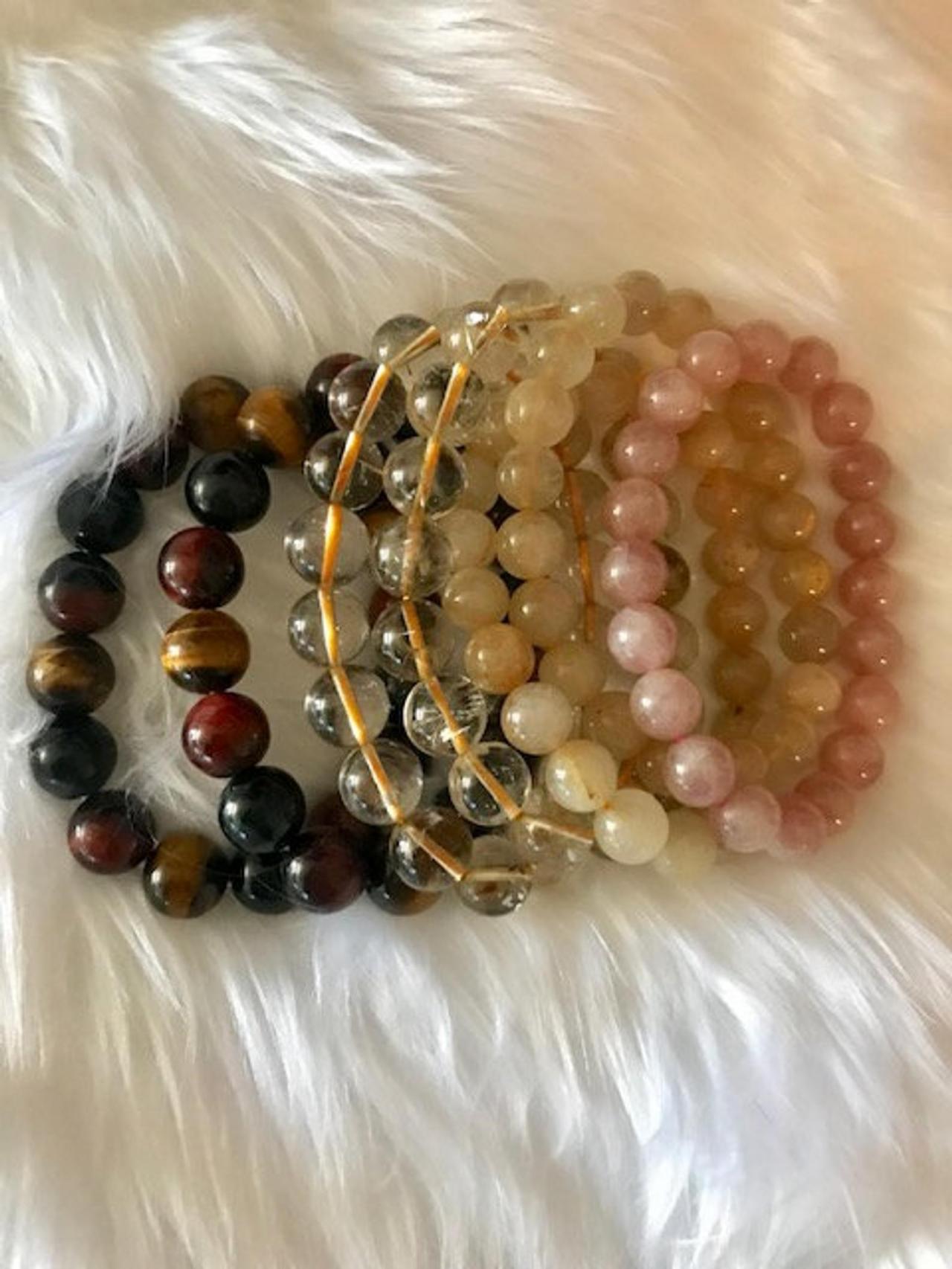 Crystal Beaded Bracelets; Beaded Gemstone Bracelets; Healing Crystal Jewelry; Unisex Bracelets; Tigers Eye; Rutilated Quartz