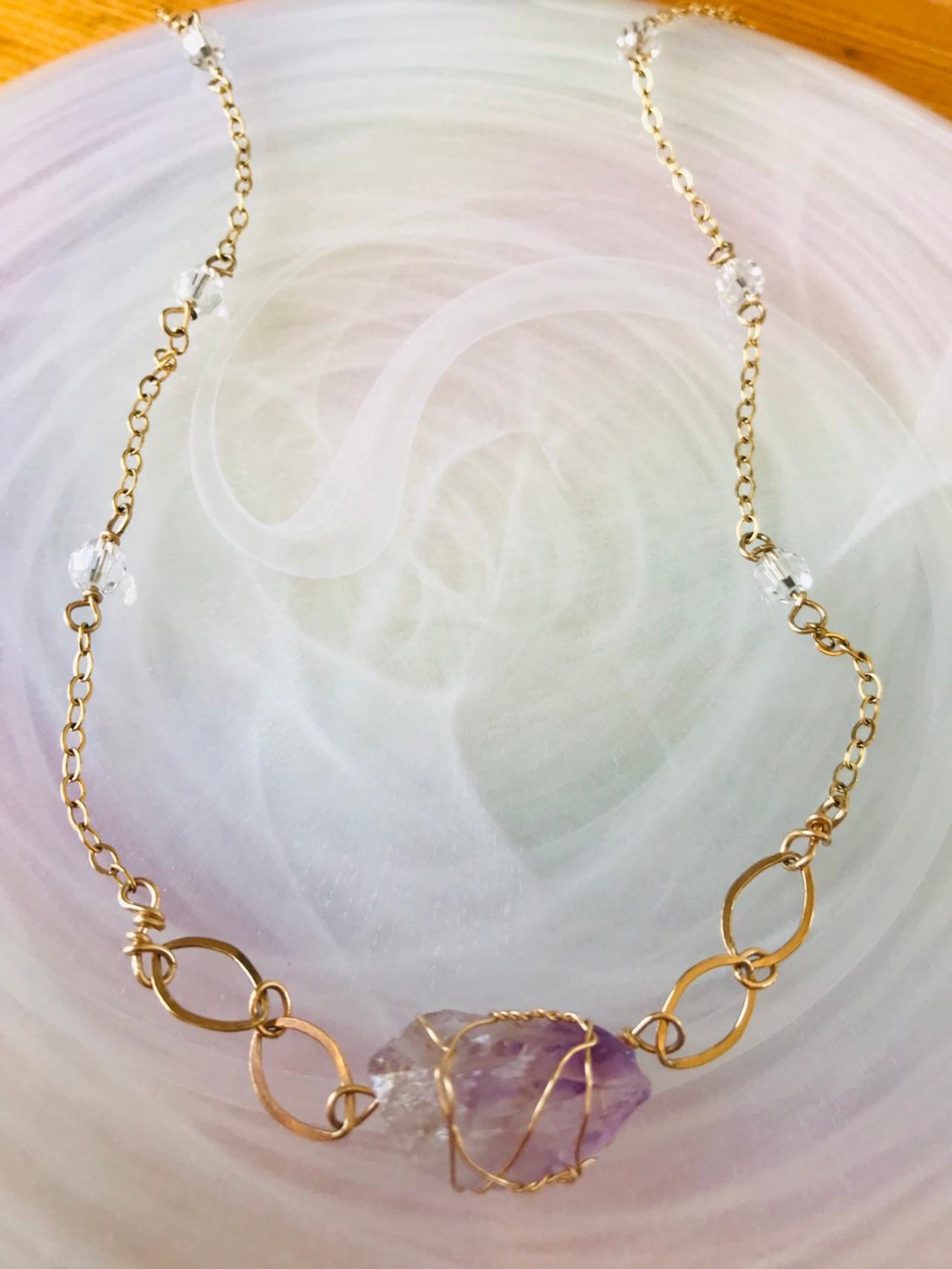 Amethyst Crystal Necklace; 14k Gold Filled; Swarvoski Crystal Necklace; One Of A Kind Jewelry; Crystal Necklace; Metaphysical