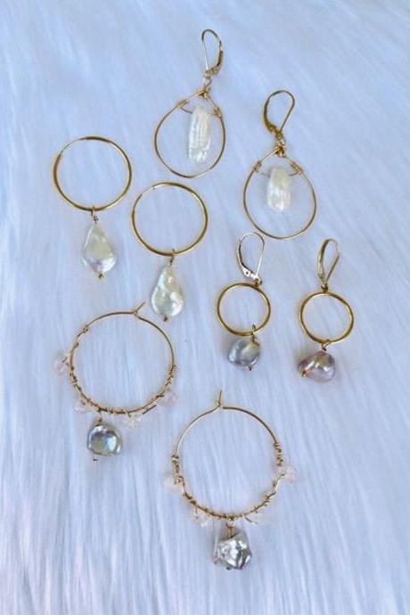 Pearl Earrings; Natural Baroque Pearls; Freshwater Pearl Jewelry; 14K Gold Fill; Pearl Hoops; Raw pearls