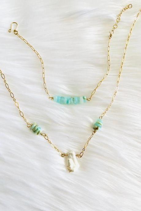 Peruvian Opal Necklace; Freshwater Pearls; 14K Gold Filled; Opal Crystal Jewelry; Healing Jewelry