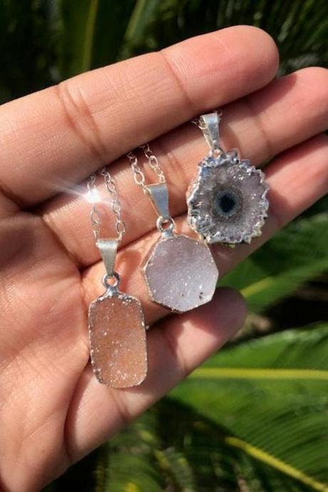 Electroplated Druzy Crystal Necklace; Dainty Stalactite Necklace; Sterling Silver Druzy Necklaces; .925 Sterling Silver; Metaphysical