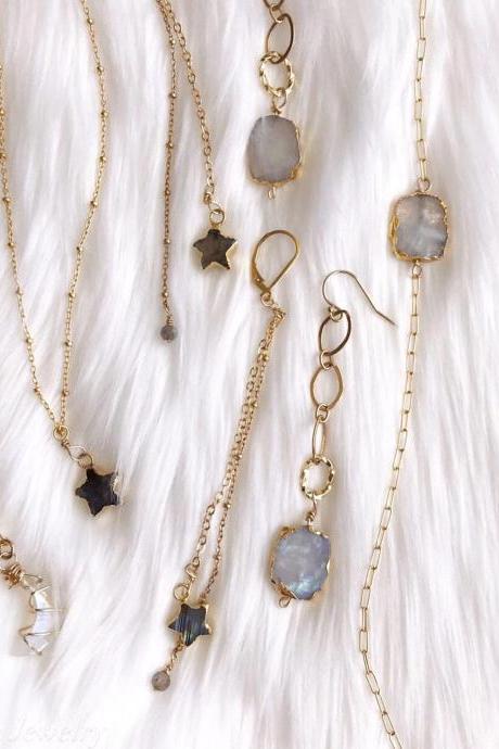 Rainbow Moonstone; Labradorite; Gold Electroplated Crystal Jewelry; 14k Gold Filled; Healing Crystal Jewelry; Goddess