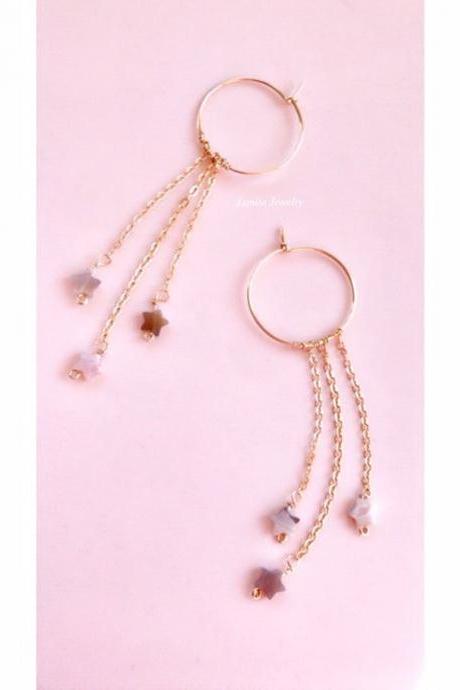 Botswana Agate Earrings; Gold Filled Hoops; Agate Jewelry; Crystal Hoops; 14K Gold Filled Jewelry; Star Jewelry; Goddess Earrings