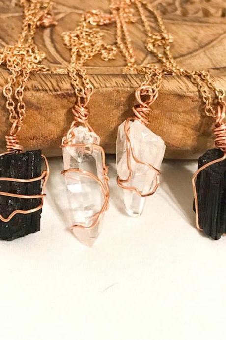 Raw Black Tourmaline; Clear Quartz; Copper Necklace; Black Tourmaline Wire Wrapped Crystal; Crystal Necklace; Crystal Necklace
