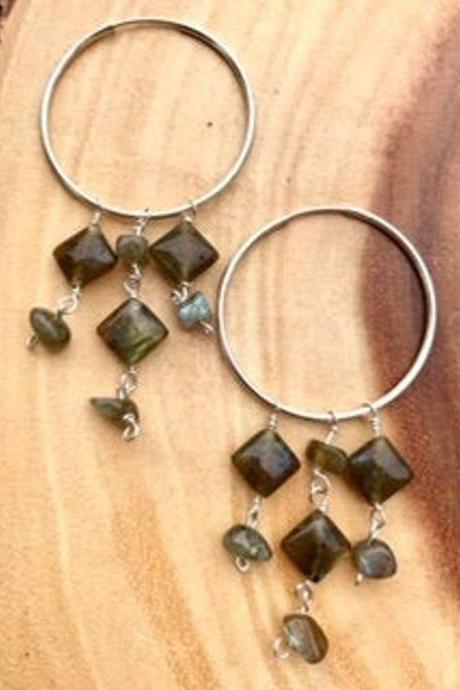 Labradorite Earrings; Gemstone Labradorite; Crystal Jewelry; Boho Chandelier Earrings; 925 Sterling Silver; Silver Hoops