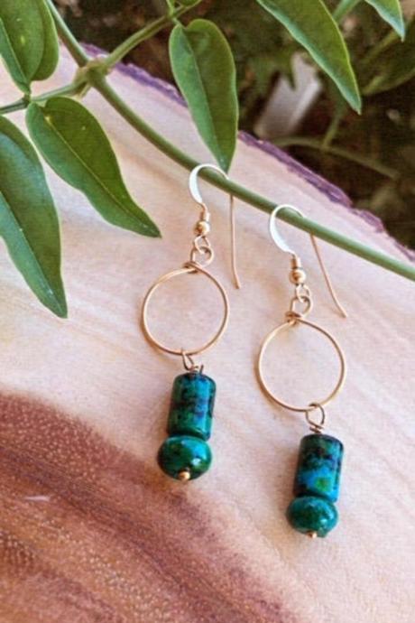 Turquoise Gemstone Earrings; Crystal Earrings; 14K Gold FIlled Jewelry; Wire Wrapped Jewelry; Natural Turquoise; Dangle Earrings