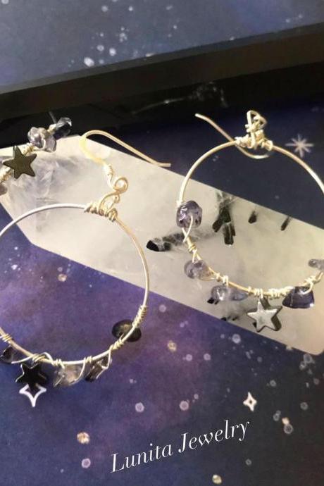 Sapphire Crystal Earrings; 925 Sterling Silver; Celestial Earrings; Gemstone Sapphire Jewelry; Silver Hoops