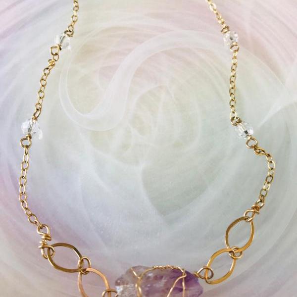 Amethyst Crystal Necklace; 14K Gold Filled; Swarvoski Crystal Necklace; One of A Kind Jewelry; Crystal Necklace; Metaphysical